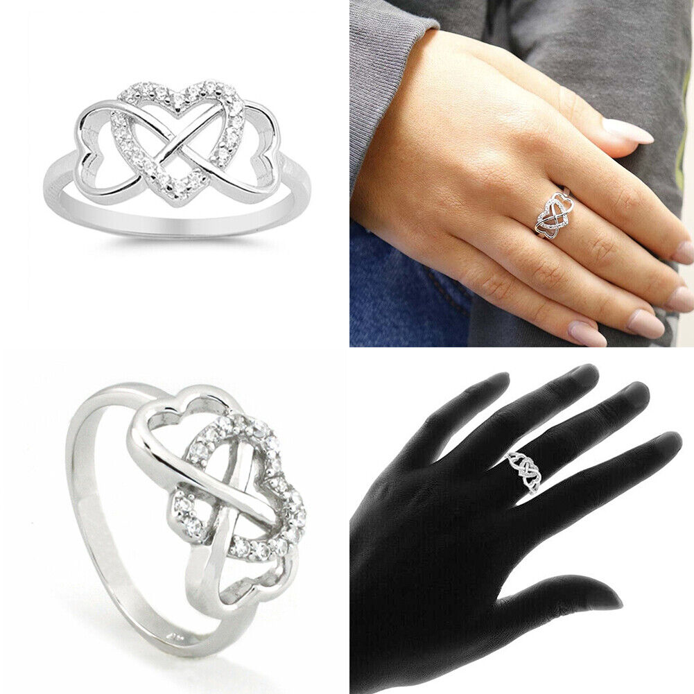 US 2-4 Love Heart Cubic Zirconia Twisted Eternity Band 925 Sterling Silver Rings
