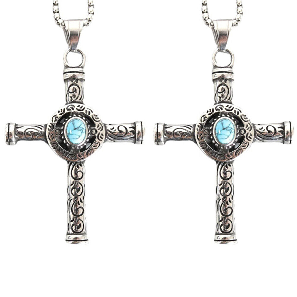 US Men Celtic Norse Turquoise Cross Stainless Steel Necklace Gothic Pendant