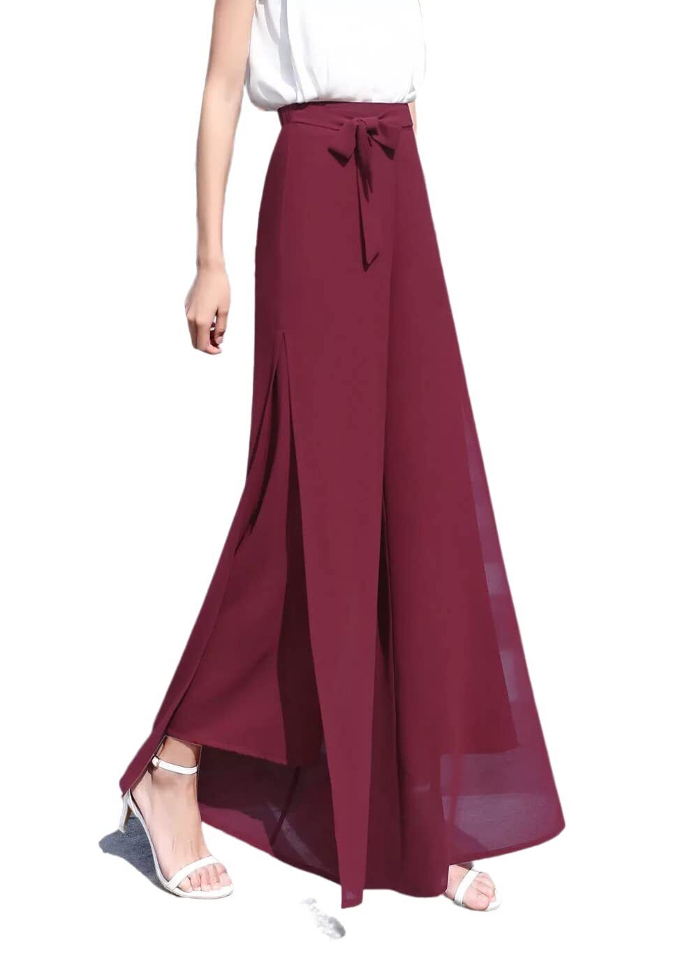 Womens Chiffon High Waist Palazzo Dressy Pants Flare Elastic Waist Trousers