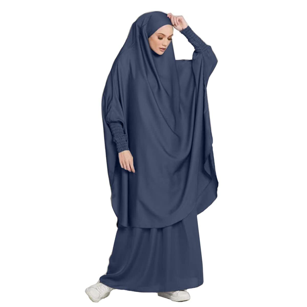 Women Muslim Long Sleeve Thobe Longuette Abaya Thobe with Hoodied Hijab