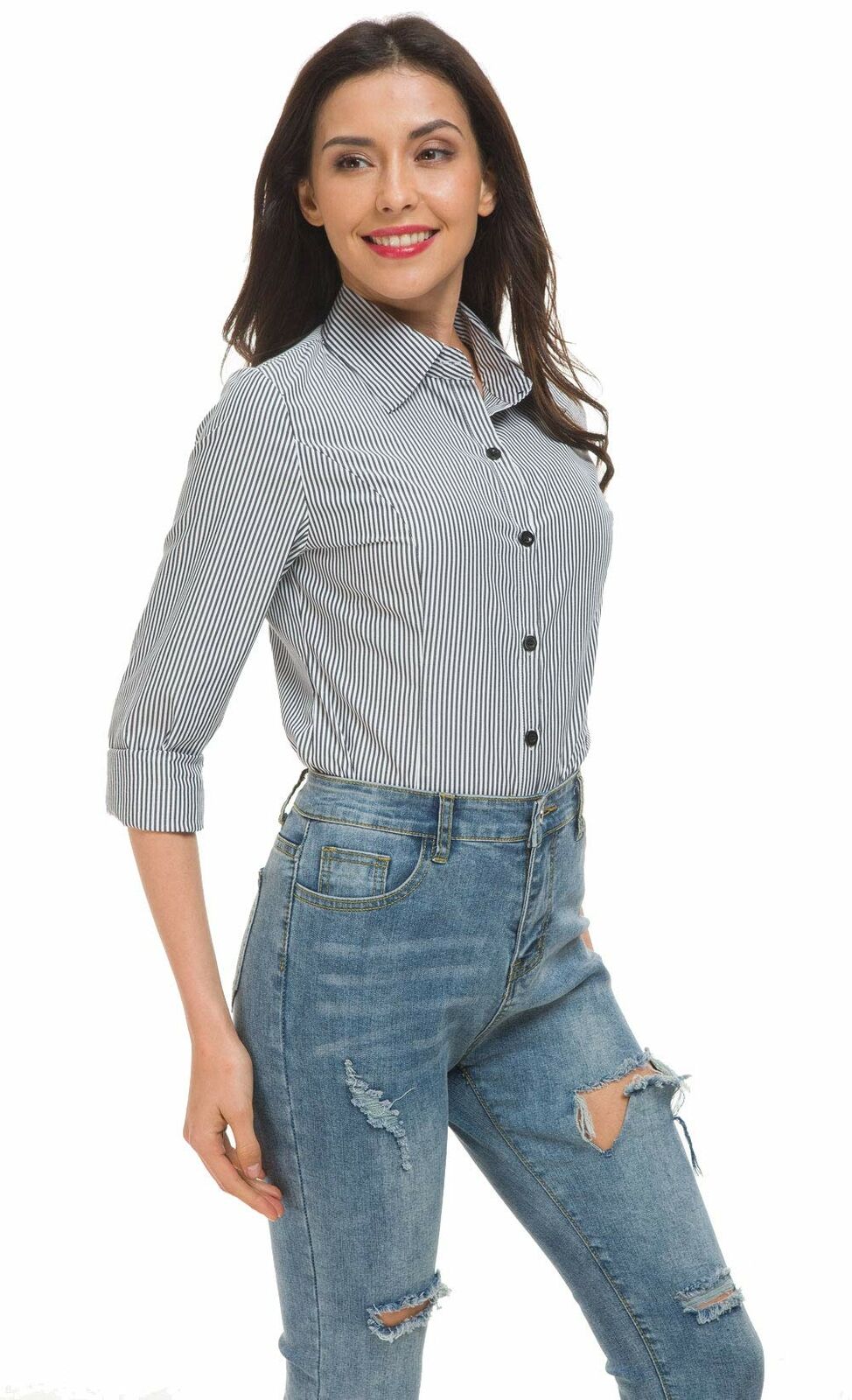 Women's Basic Tailored Vertical Stripes Button Down Shirt Long Sleeve Blouse