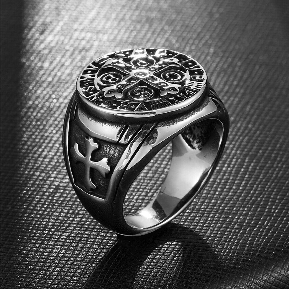 US St Benedict Exorcism Ring Silver Stainless Steel Catholic Roman Cross Demon