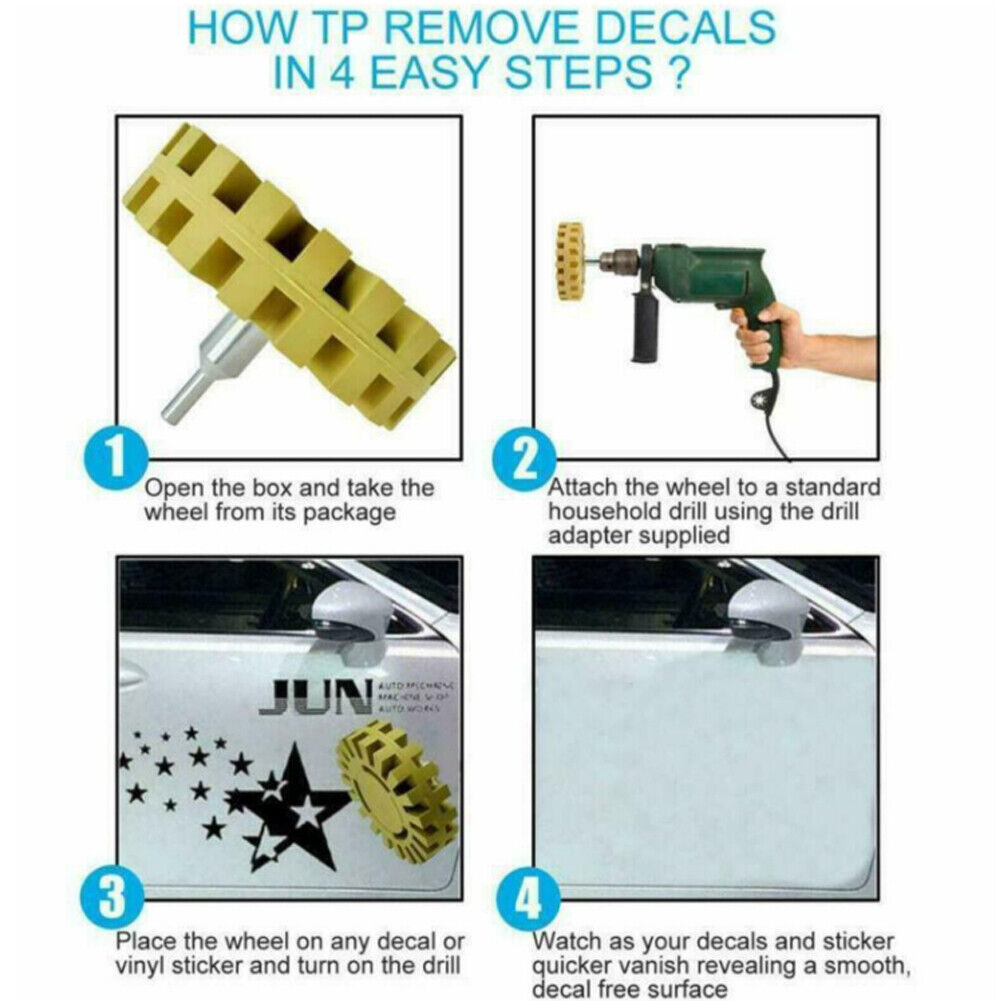 US 2-4 Pc 4” Decal Removal Wheel ABN Rubber Eraser Drill Arbor Adapter Pinstripe