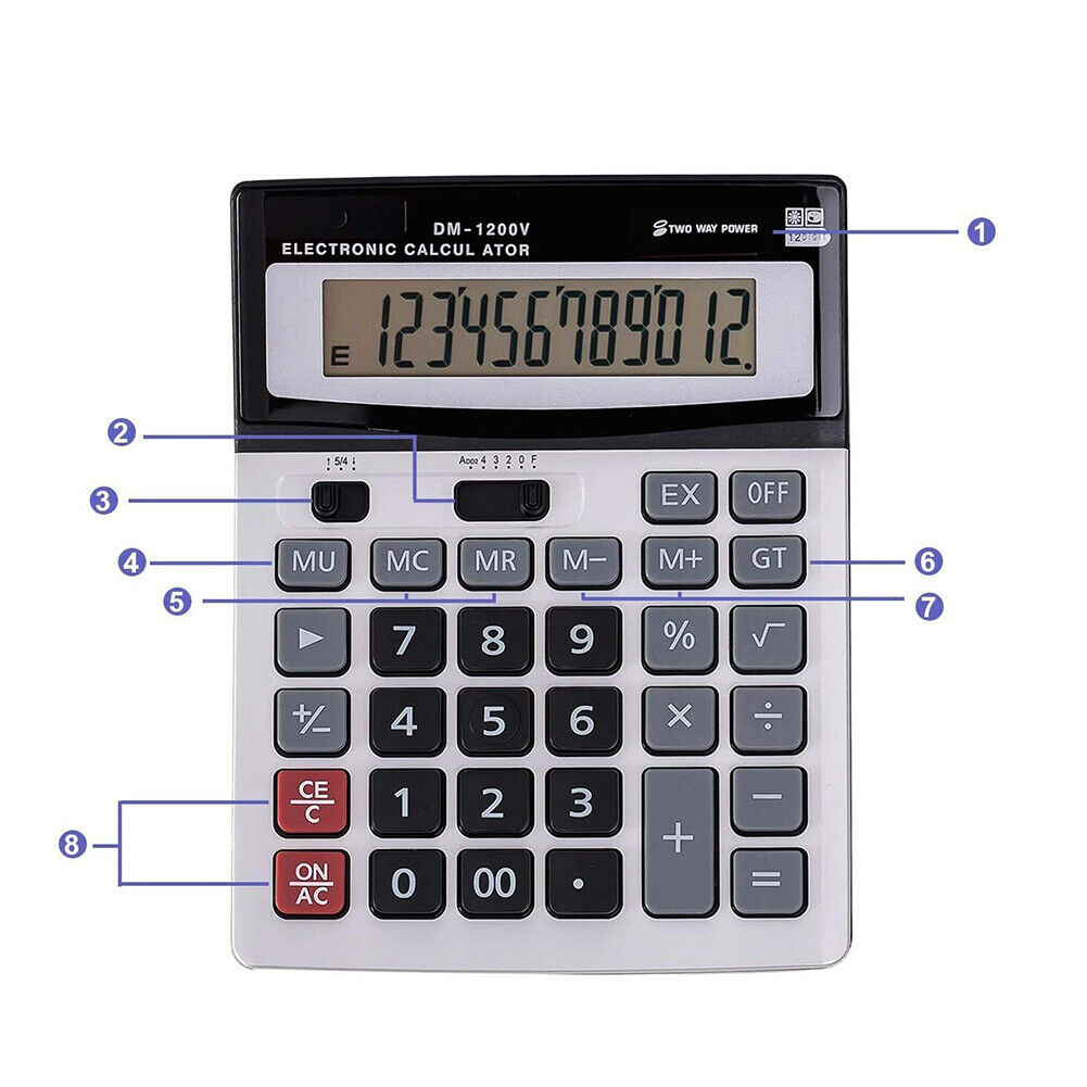 US 12-Digit Desktop Calculator Standard Function Dual Power Solar and AA