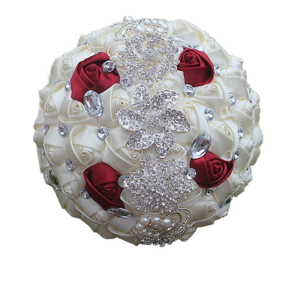 Bride Holding Bouquet Ribbon Rose Flowers Wedding Bouquet Rhinestone Brooch