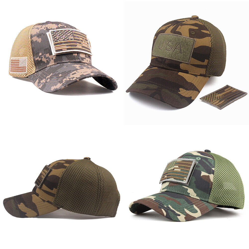 US 1-2 American Flag Hat Tactical Army Detachable Patch Mesh Camo Baseball Cap