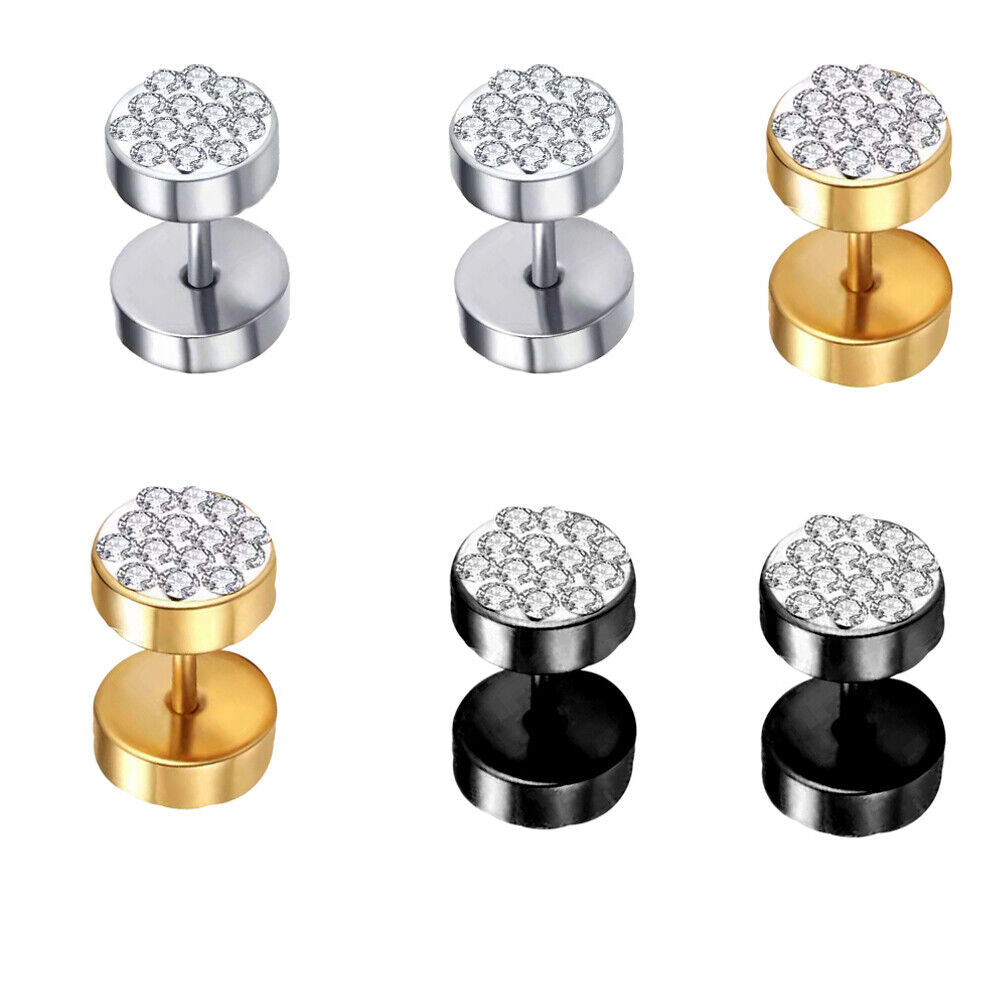 US3-6Pair Barbell Punk StainlessSteel Crystal Ear Studs Earring Piercing Jewelry