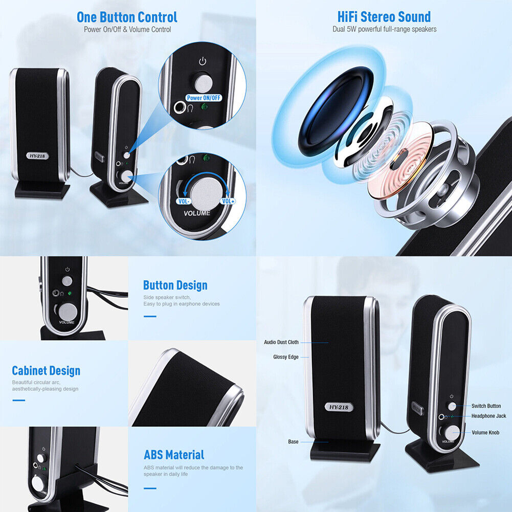 US 1-2 Pc USB Power Stereo Speaker System 3.5mm Jack For Desktop Laptop Computer