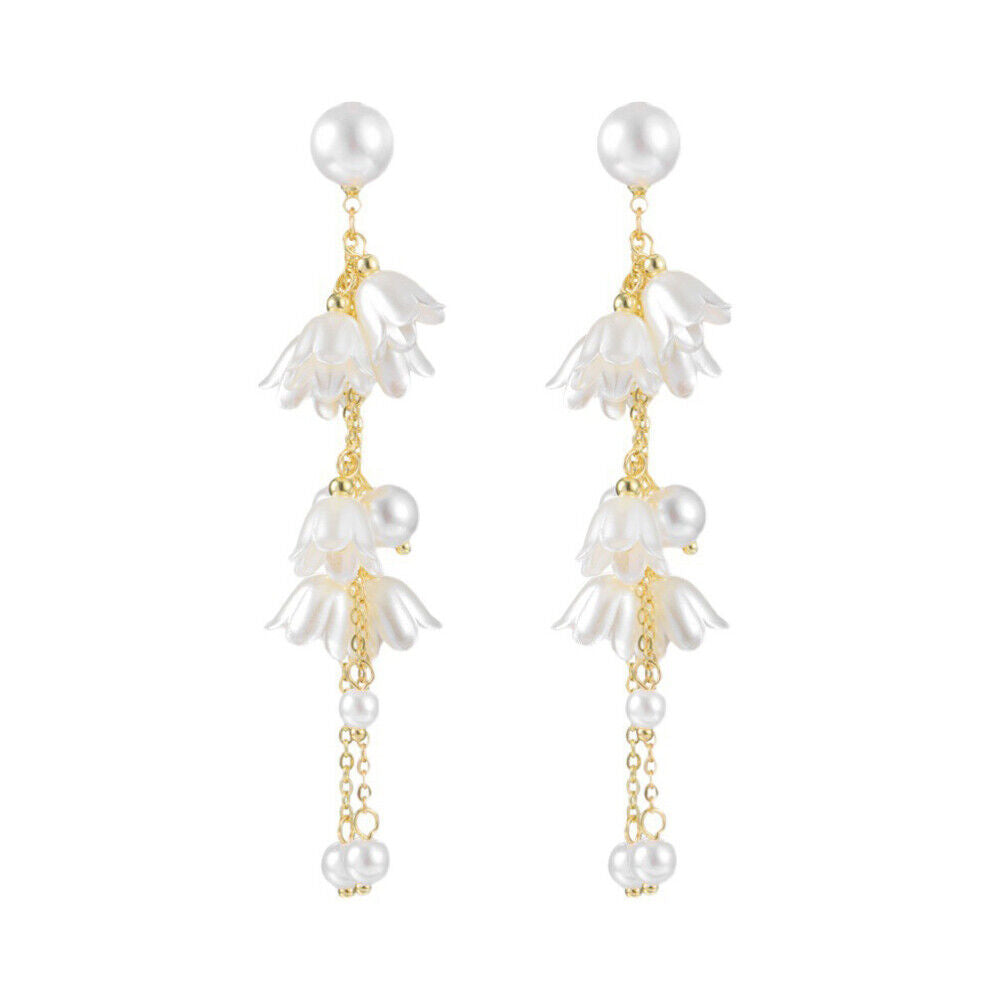 US White Fairy Flower Earrings Lily of the Valley w/ Pearl Long Tassel Earrings