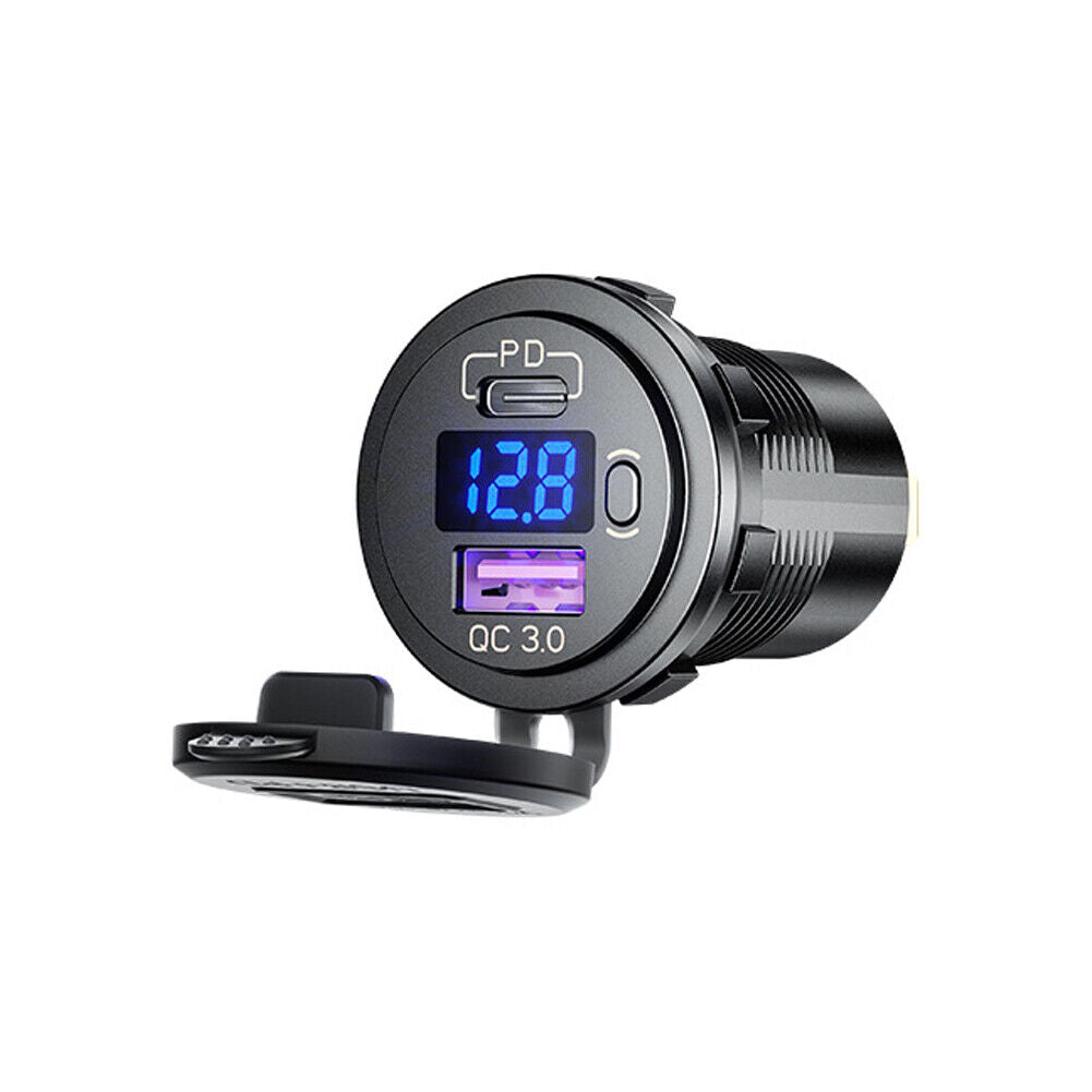 US 12V QC3.0 Dual USB Car Fast Charger Socket Outlet LED Voltmeter Waterproof