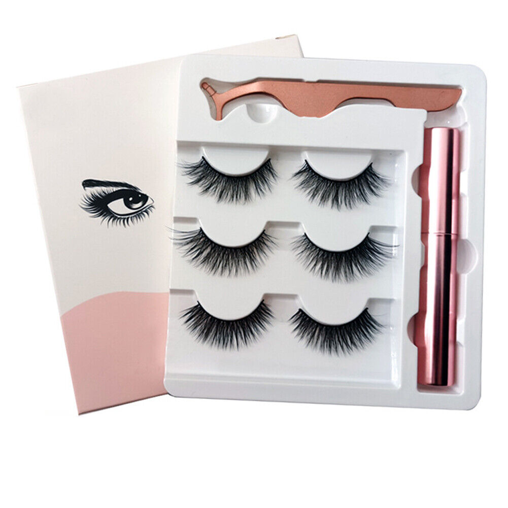 US 6 Pairs Magnetic Eyelashes Set Eyeliner Tweezer Kit False Mink Lashes Black
