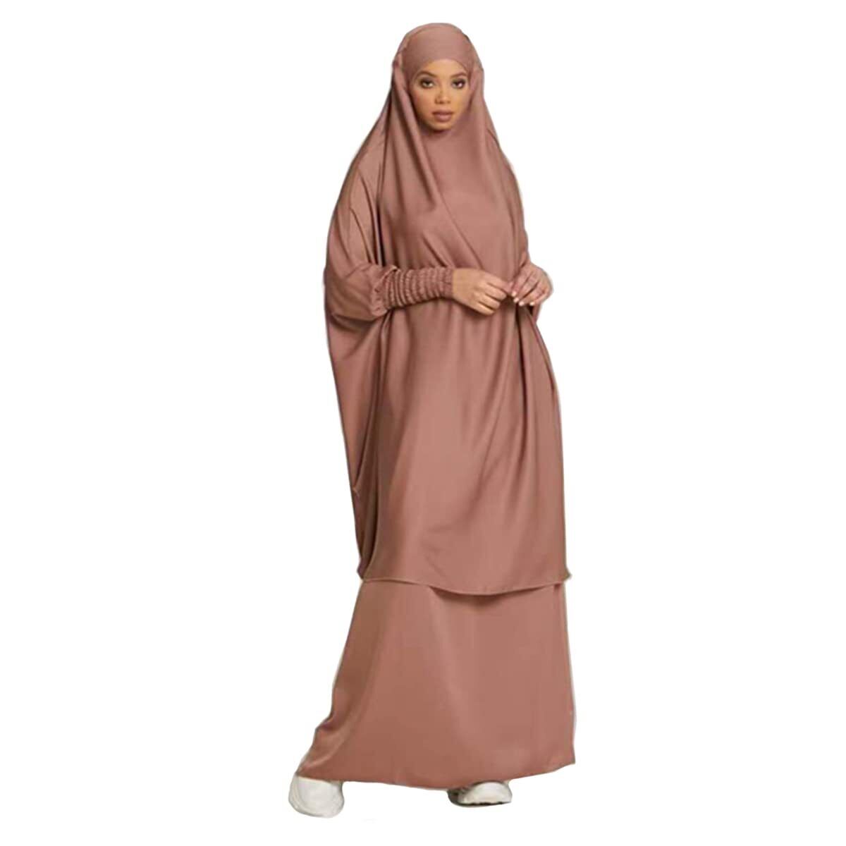 Women Muslim Long Sleeve Thobe Longuette Abaya Thobe with Hoodied Hijab