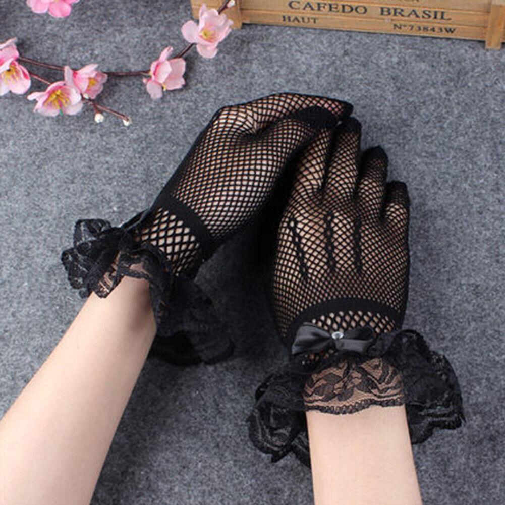 US 1~2 Pairs Ribbon Knot Short Lace Mesh Gloves Prom Bridal Wedding Party Events