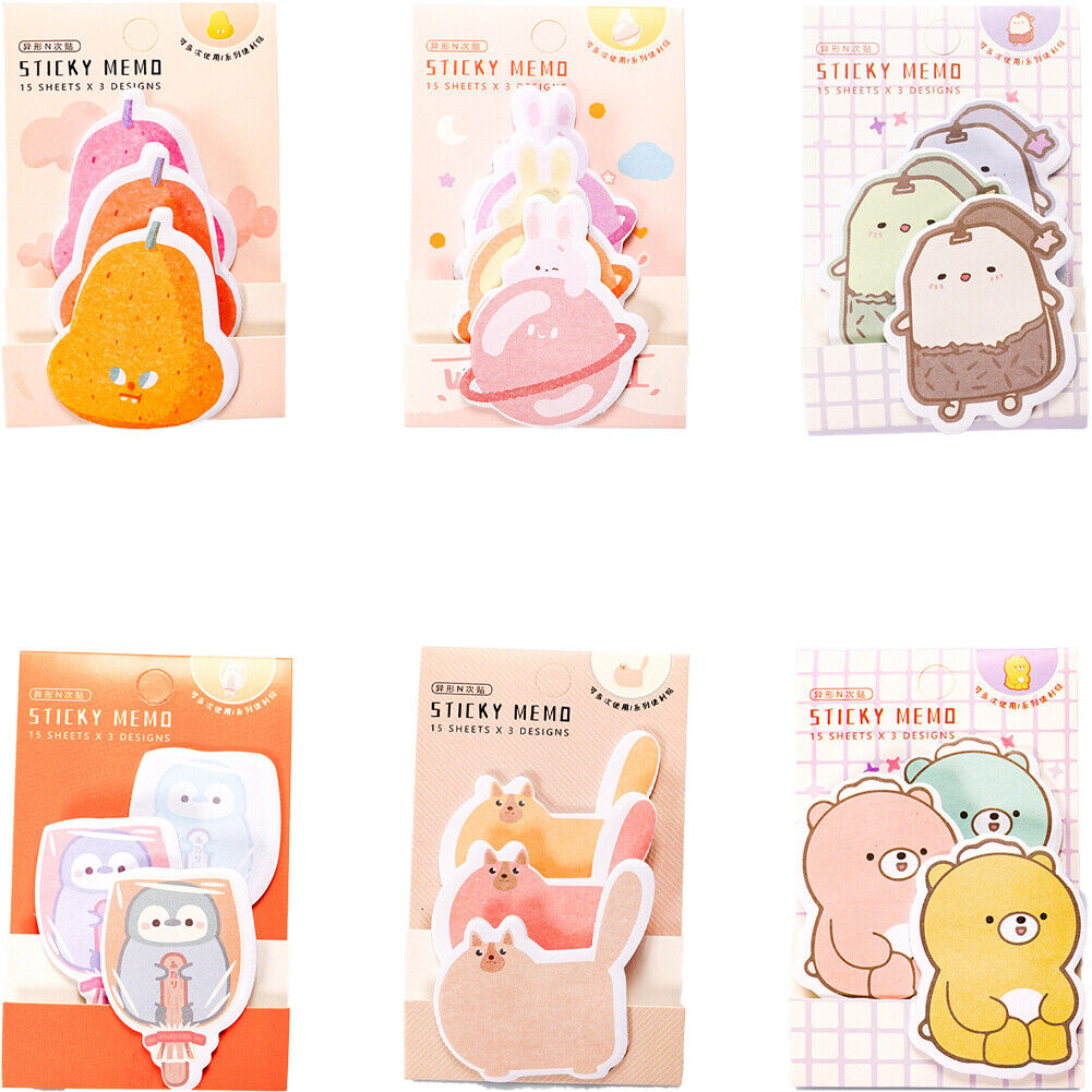 US 6-12 Pc (270-540 Pages Total) Sticky Notes Animals Shape Self-Stick Memo Pads