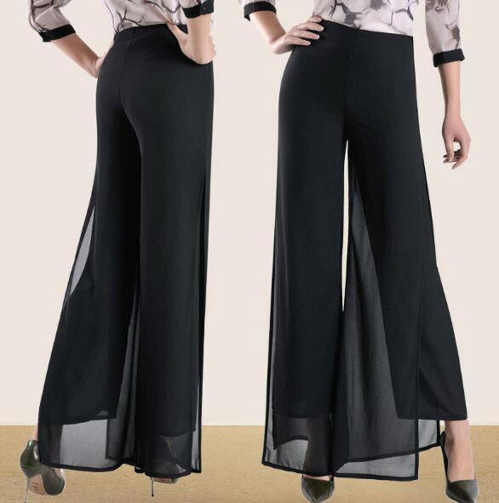 Womens Chiffon Elastic Waist Fold-Over Elephant Flare Wide Leg Trousers Pants