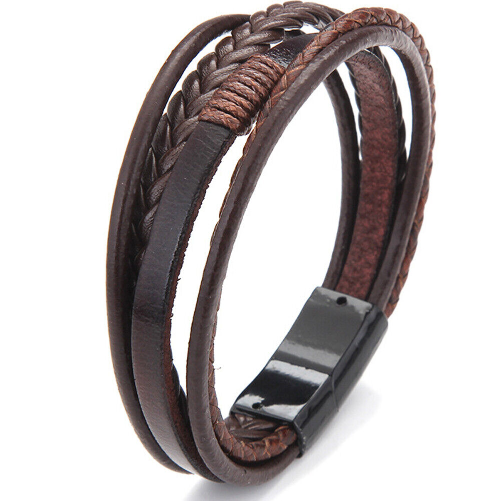 US 2-4 Pc Multi Layer Braided Leather Bracelet Adjustable Stainless Steel Clasp