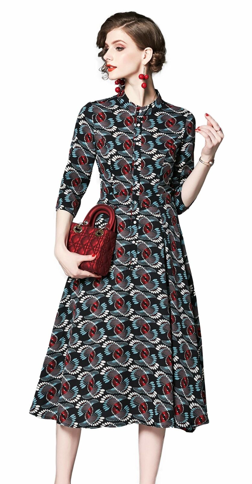 Women's Vintage Floral Printed Lotus Sleeves Elastic Waist Cocktail Dress