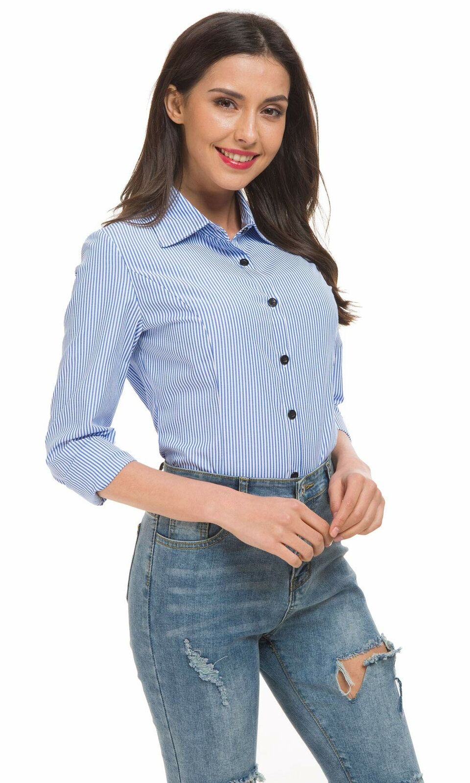 Women's Basic Tailored Vertical Stripes Button Down Shirt Long Sleeve Blouse