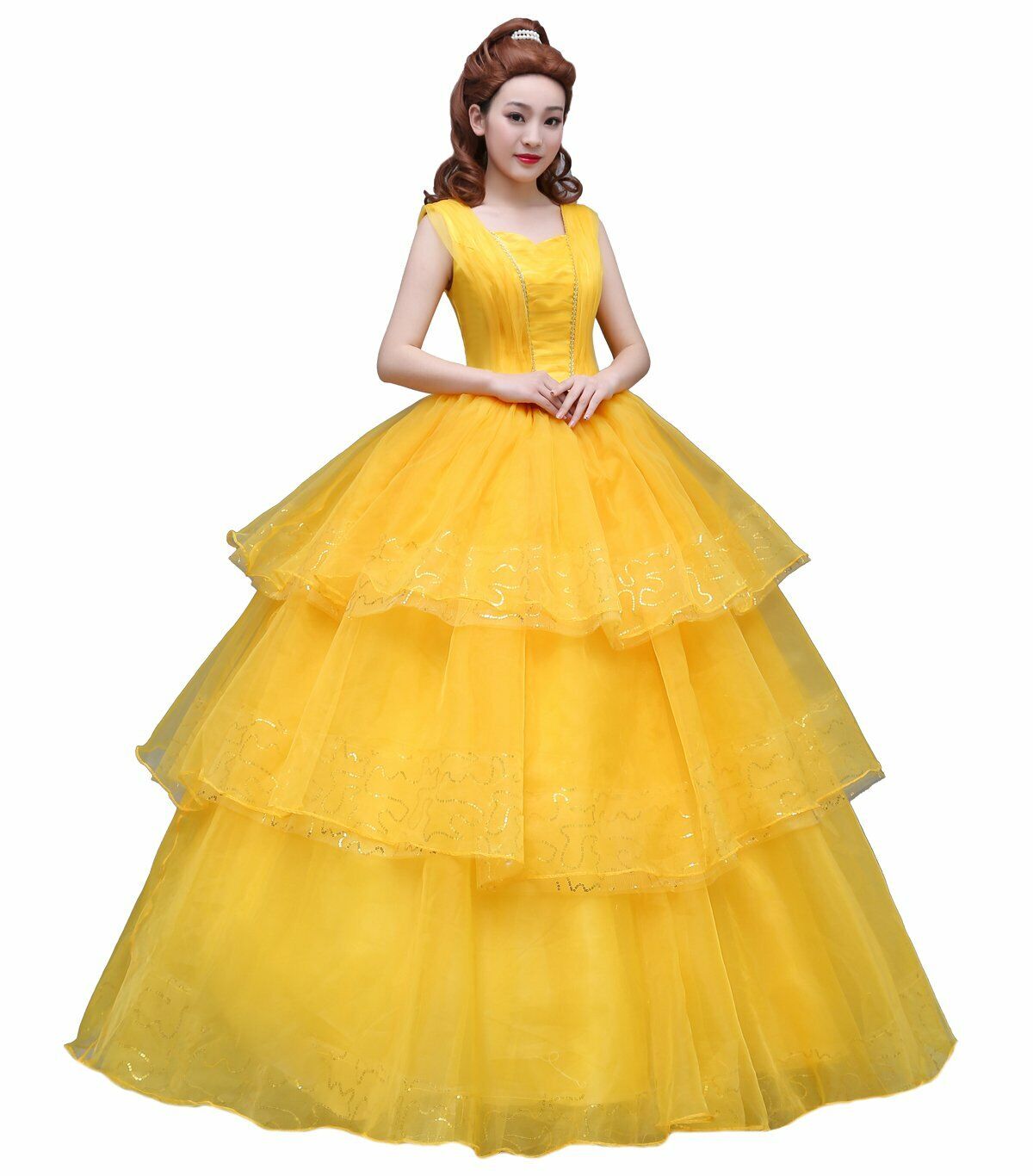 Angelaicos Women's Layered Lace Costume Dress Prom Ball Gown Long Yellow