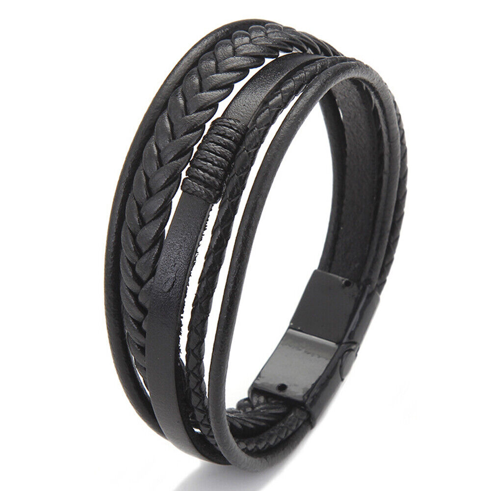 US 2-4 Pc Multi Layer Braided Leather Bracelet Adjustable Stainless Steel Clasp