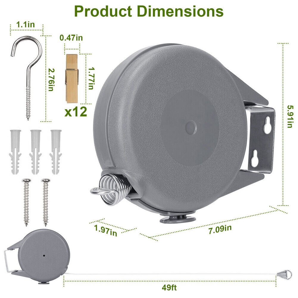 US 49 Ft Retractable Clothes Line Portable Hanging Dryer Adjustable Rope String