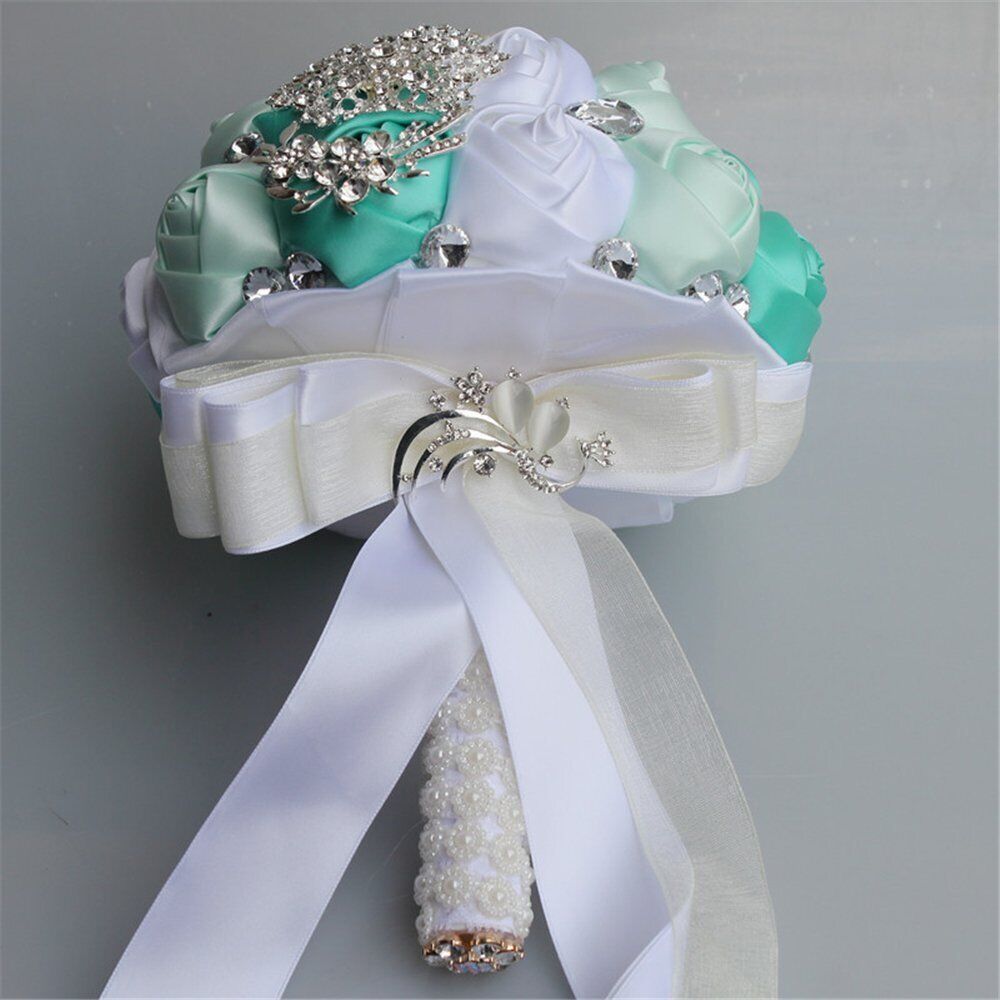 Bride Holding Bouquet Ribbon Rose Flowers Wedding Bouquet Rhinestone Brooch