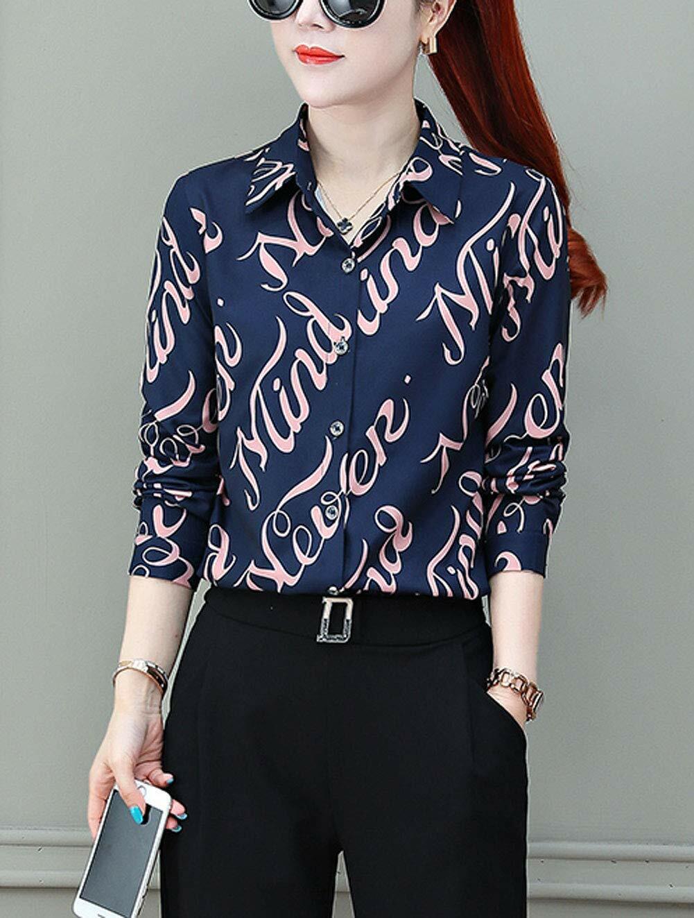 Women's Button Down Long Sleeve Printed Shirt Tailored Blouse