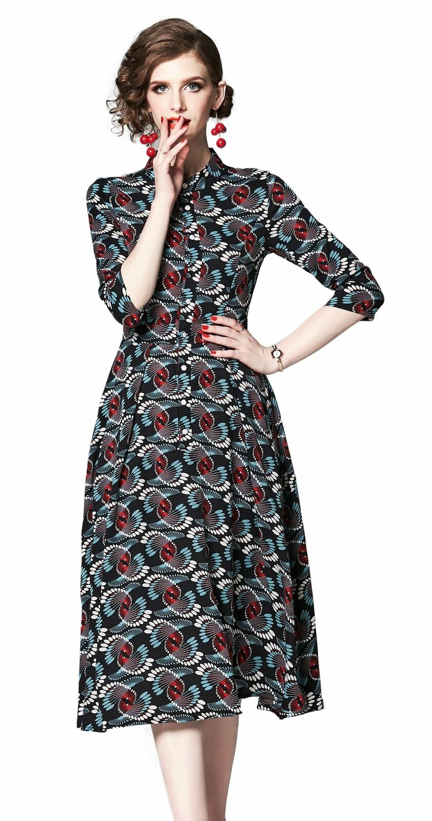 Women's Vintage Floral Printed Lotus Sleeves Elastic Waist Cocktail Dress