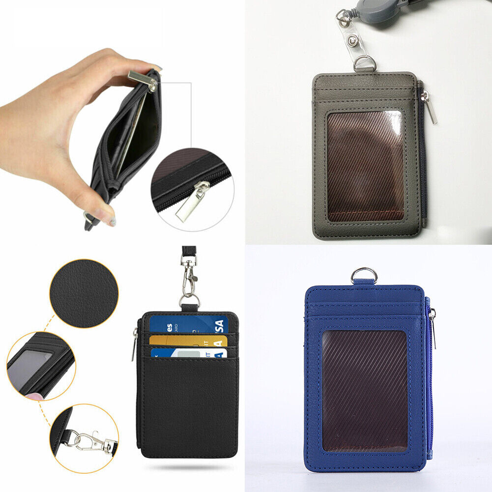 US 2-4 Pcs Badge Holder Zipper Leather ID Card Holder Wallet Pocket Neck Lanyard