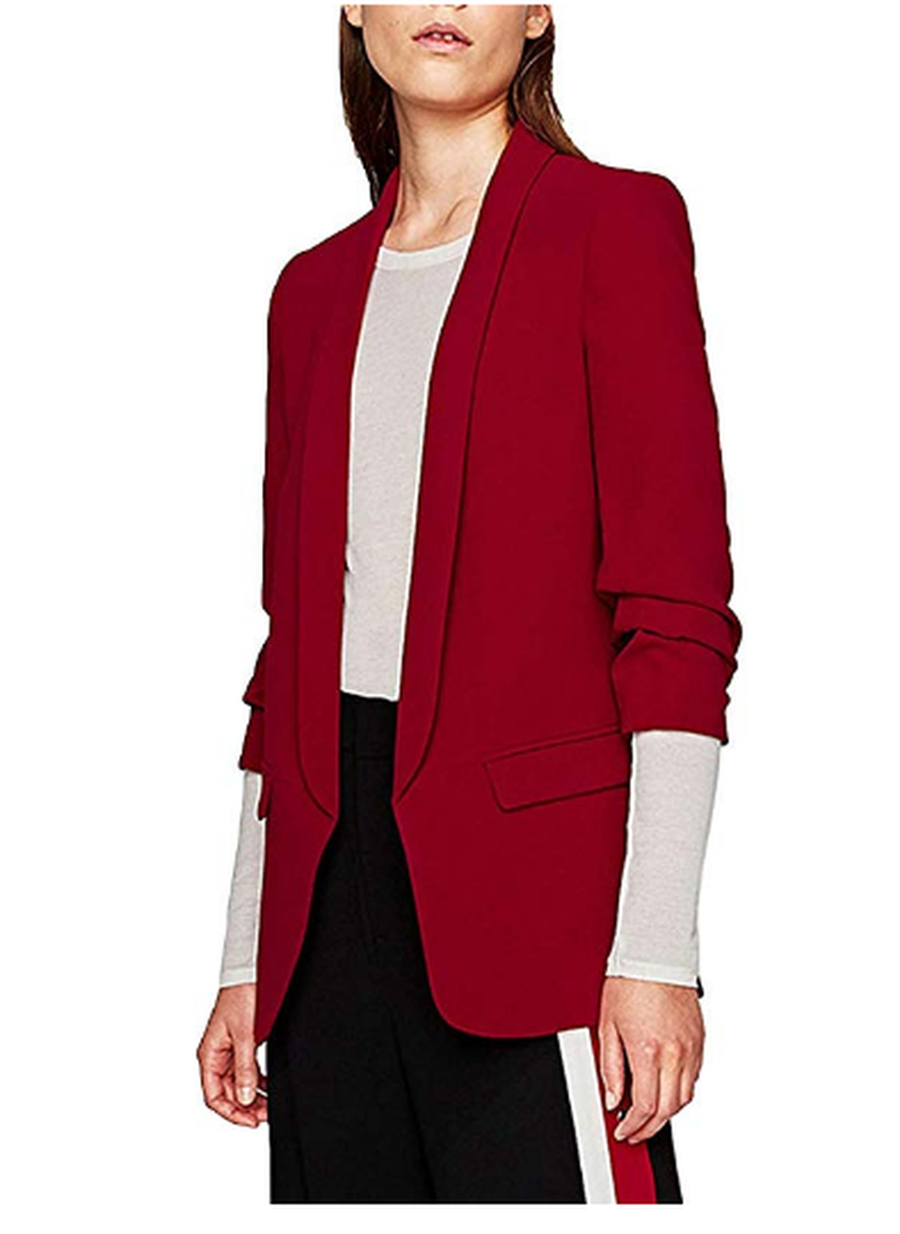 MFrannie Womens Solid Open Front Shirring 3/4 Sleeve Work Blazer