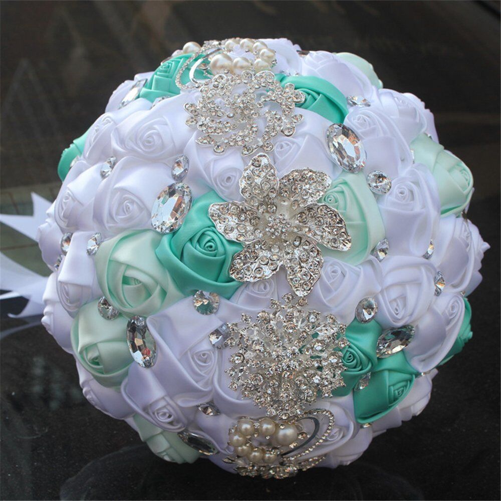 Bride Holding Bouquet Ribbon Rose Flowers Wedding Bouquet Rhinestone Brooch