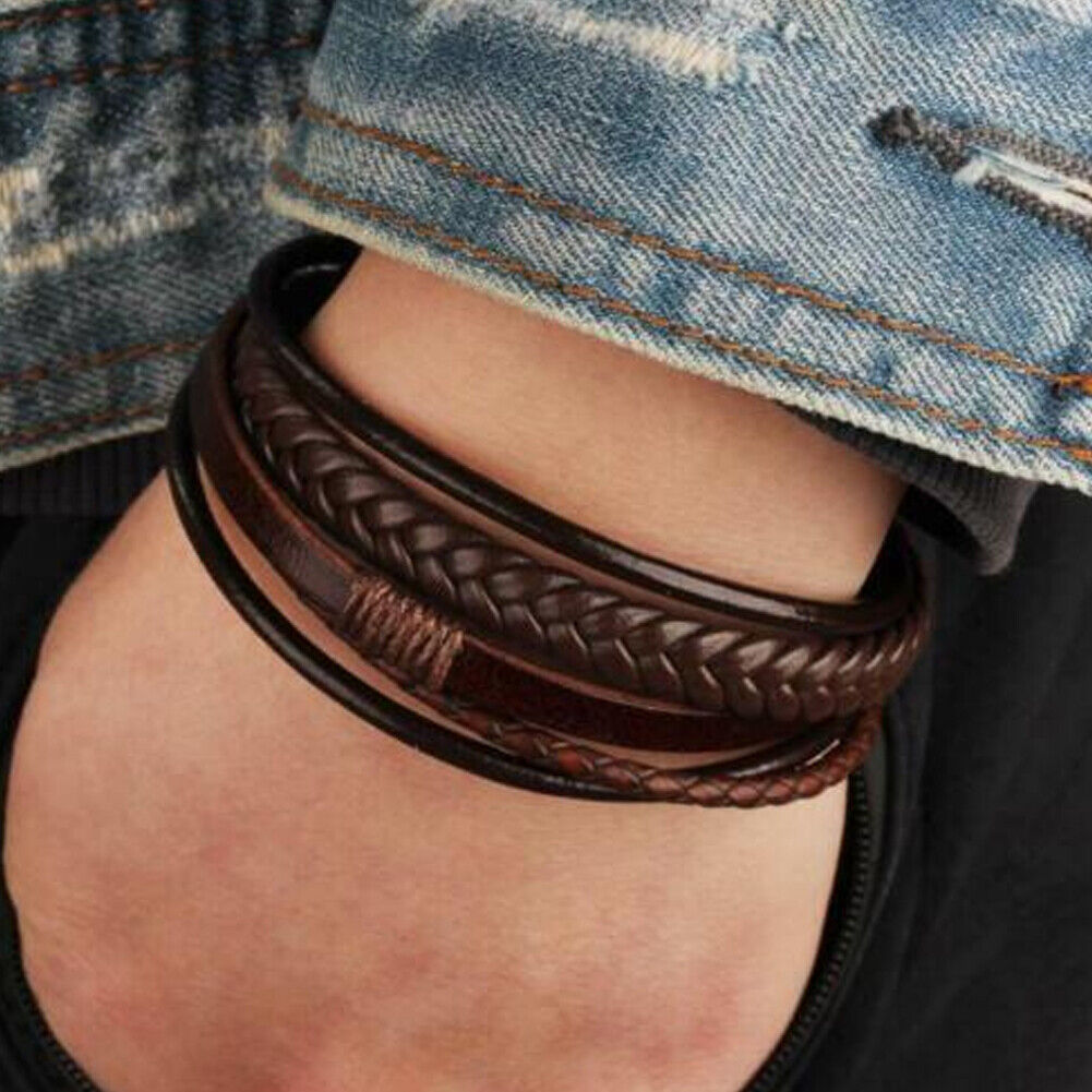US 2-4 Pc Multi Layer Braided Leather Bracelet Adjustable Stainless Steel Clasp