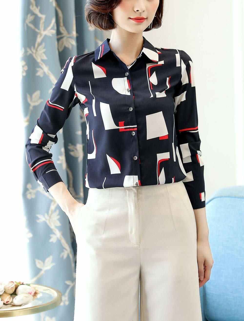 Women's Button Down Long Sleeve Printed Shirt Tailored Blouse