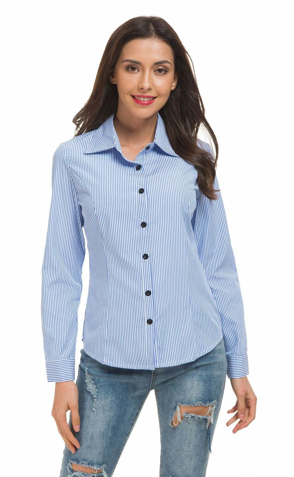 Women's Basic Tailored Vertical Stripes Button Down Shirt Long Sleeve Blouse
