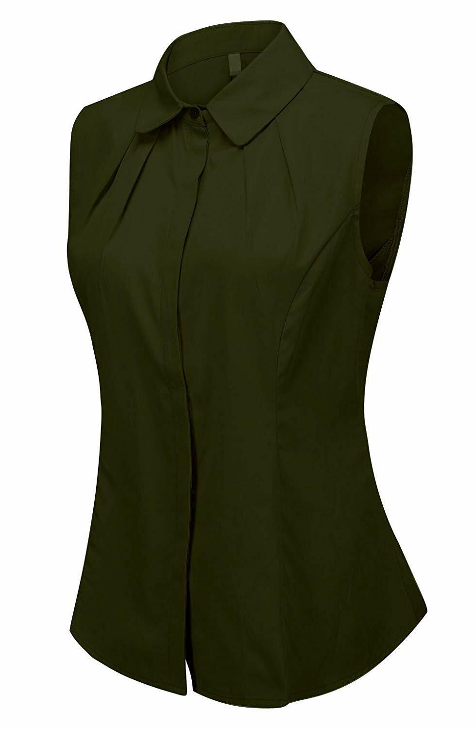 Women's Cotton Sleeveless Button Down Shirt Collared Pleated Blouse