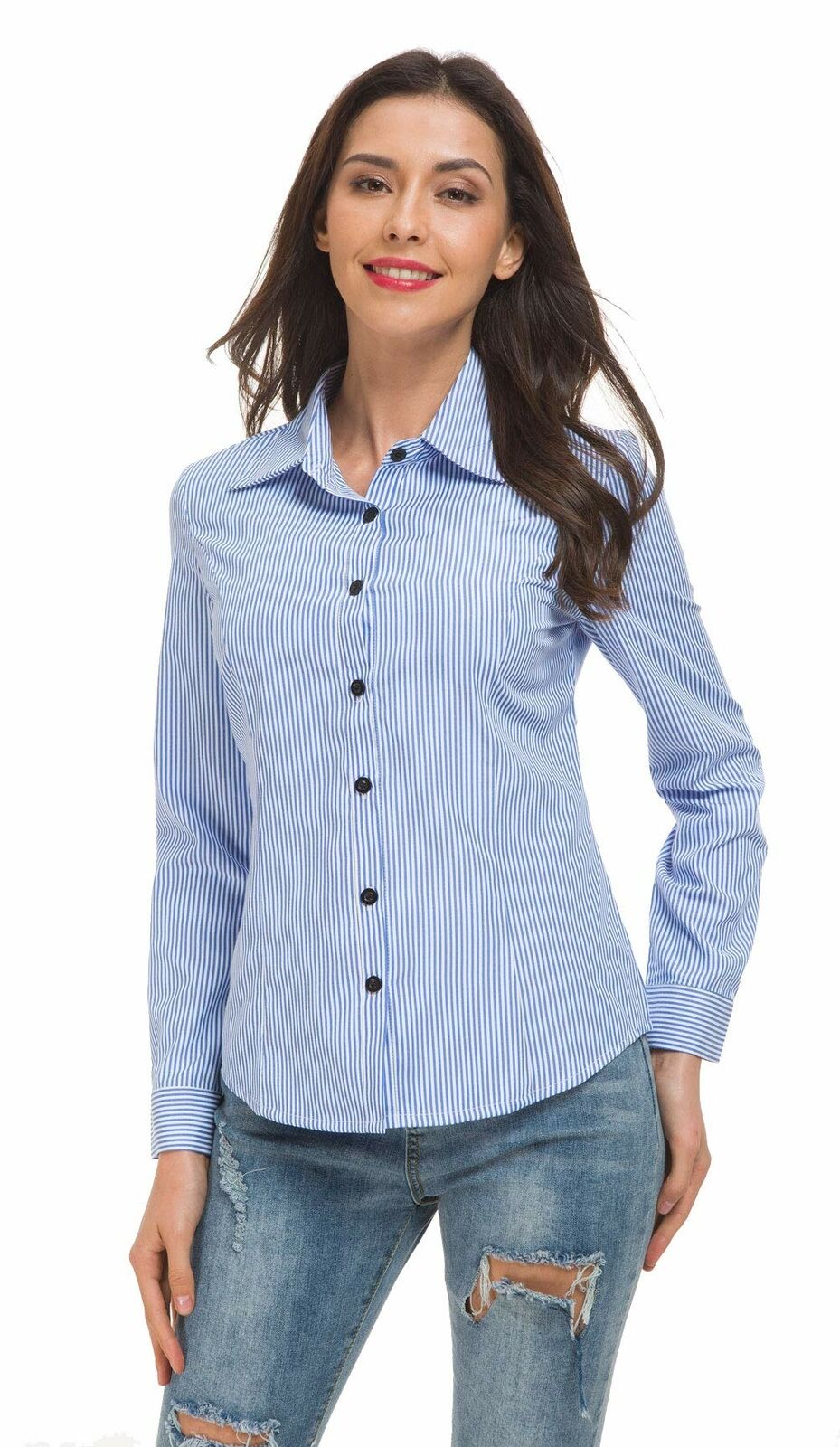 Women's Basic Tailored Vertical Stripes Button Down Shirt Long Sleeve Blouse