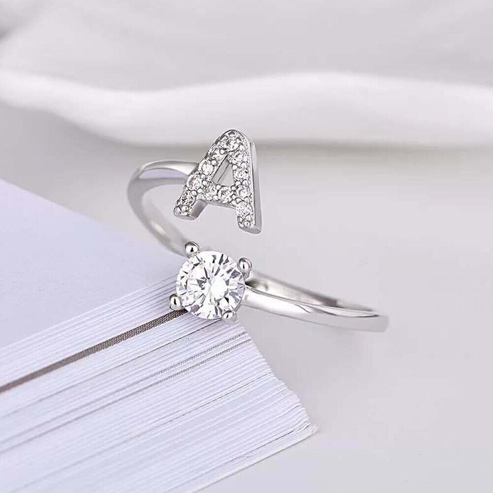 US Charm Initial Letter Ring Alphabet A-Z Gold Silver Adjustable Open Bands Ring
