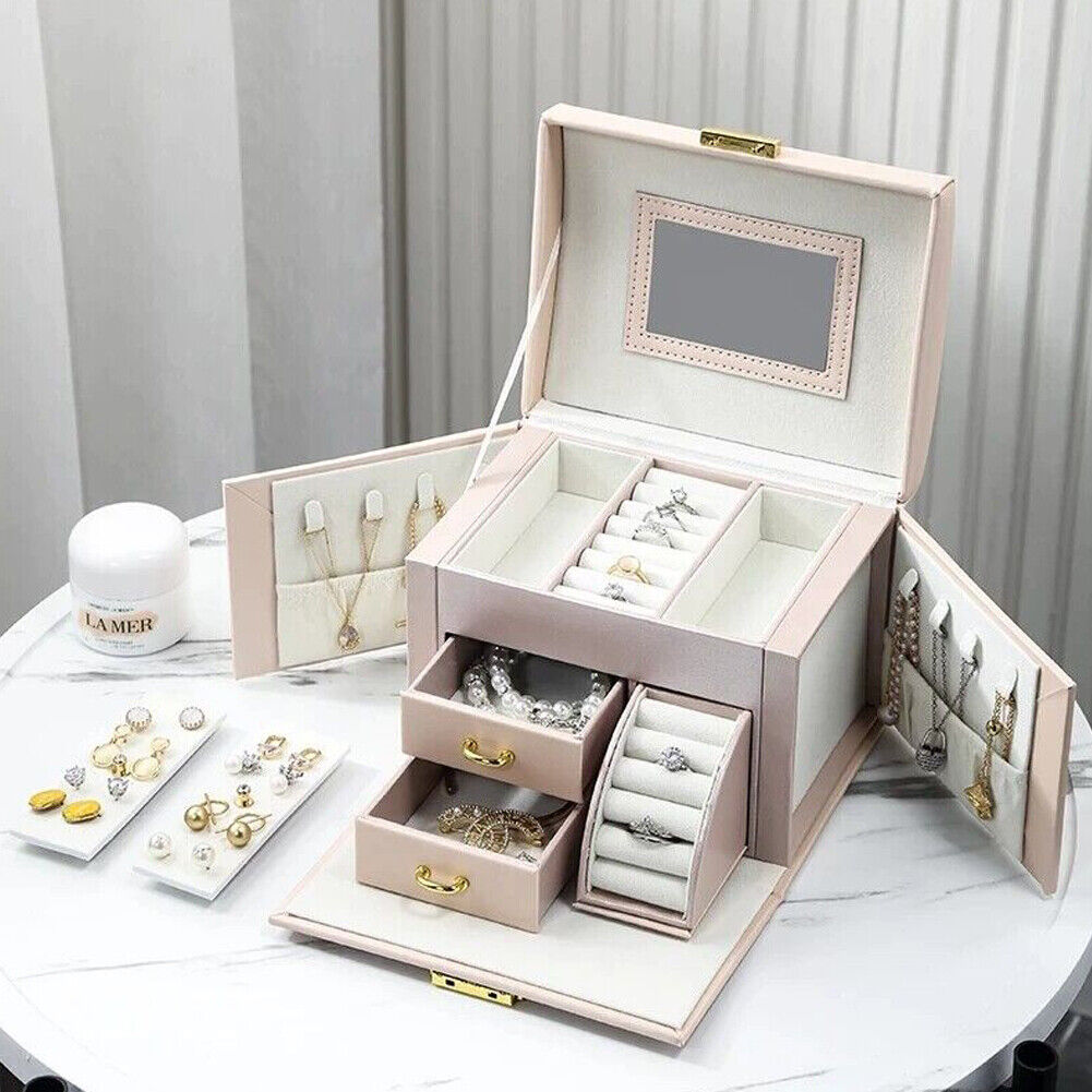 US Large Box Layers Jewelry Organizer Case Portable Travel Lockable Gift Fashion