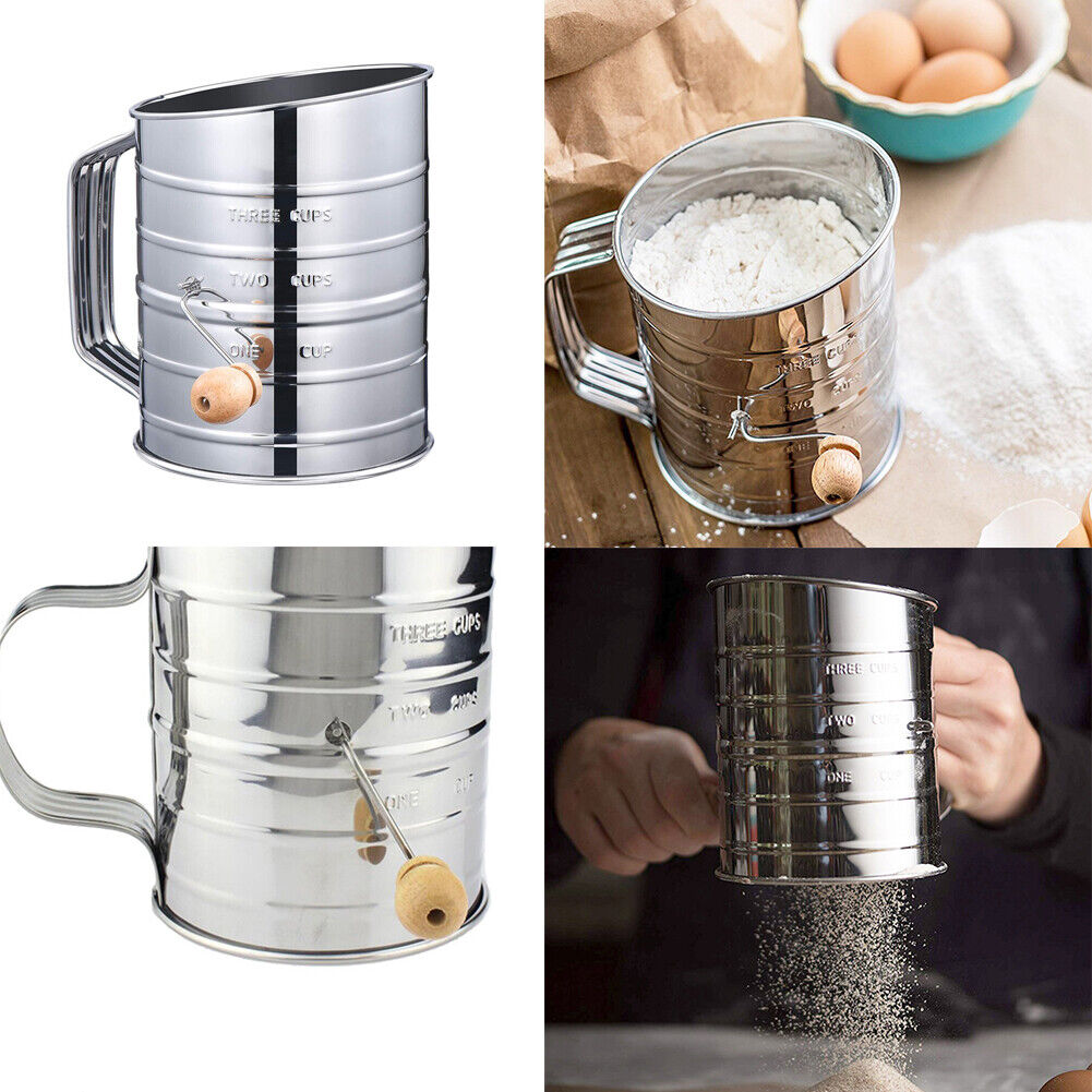 US 1-2 Pc Stainless Steel Flour Sifter Fine Mesh Rotary Hand Crank Wire Agitator