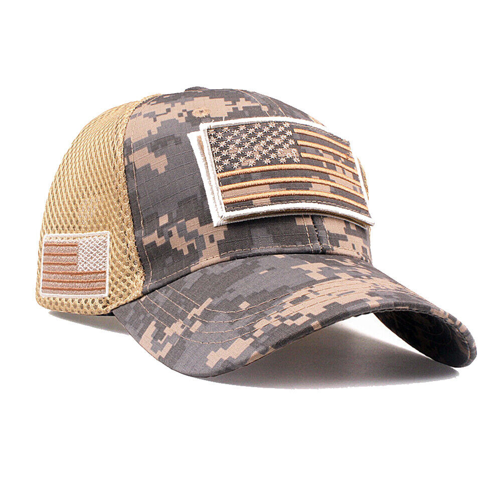 US 1-2 American Flag Hat Tactical Army Detachable Patch Mesh Camo Baseball Cap
