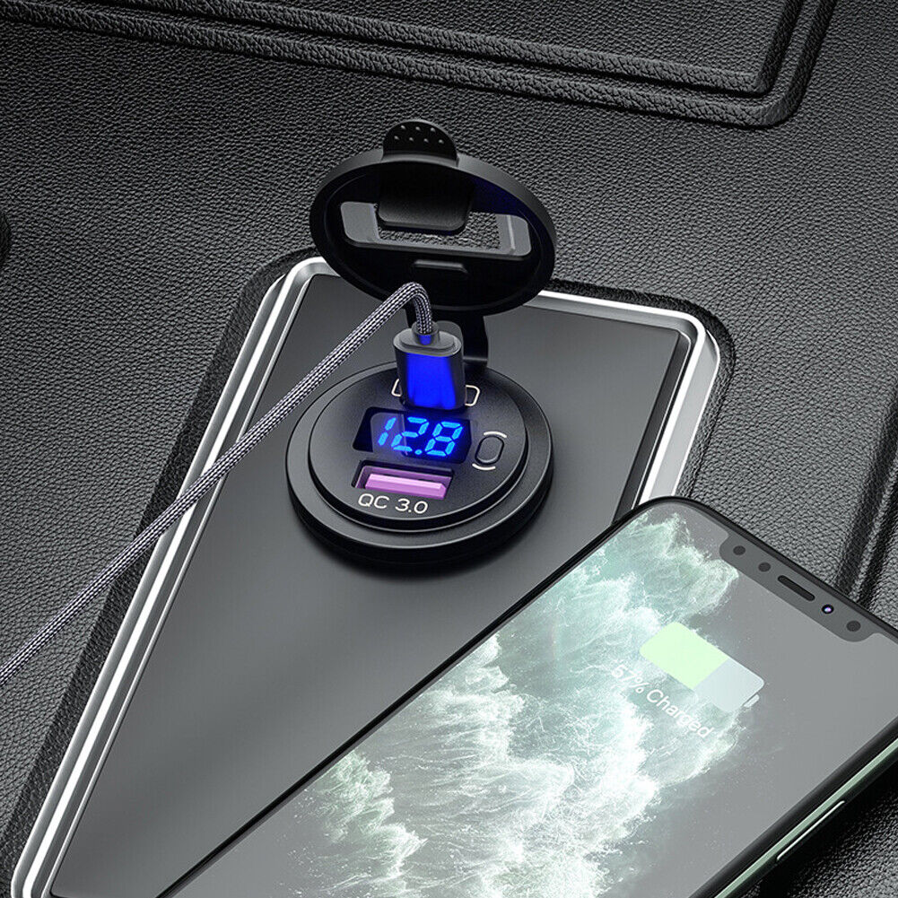 US 12V QC3.0 Dual USB Car Fast Charger Socket Outlet LED Voltmeter Waterproof