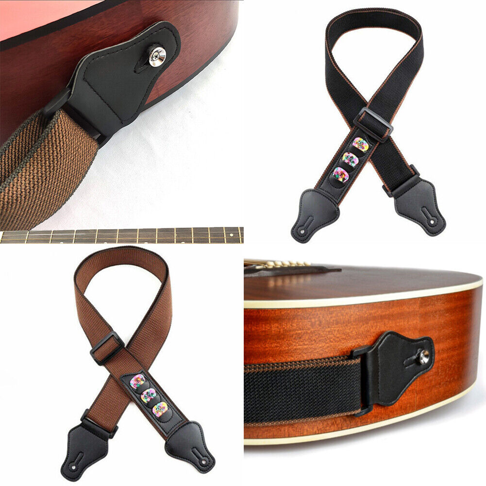 US 2-4 Pcs Adjustable Soft Guitar Strap Nylon Pick Electric Guitar Bass Holder