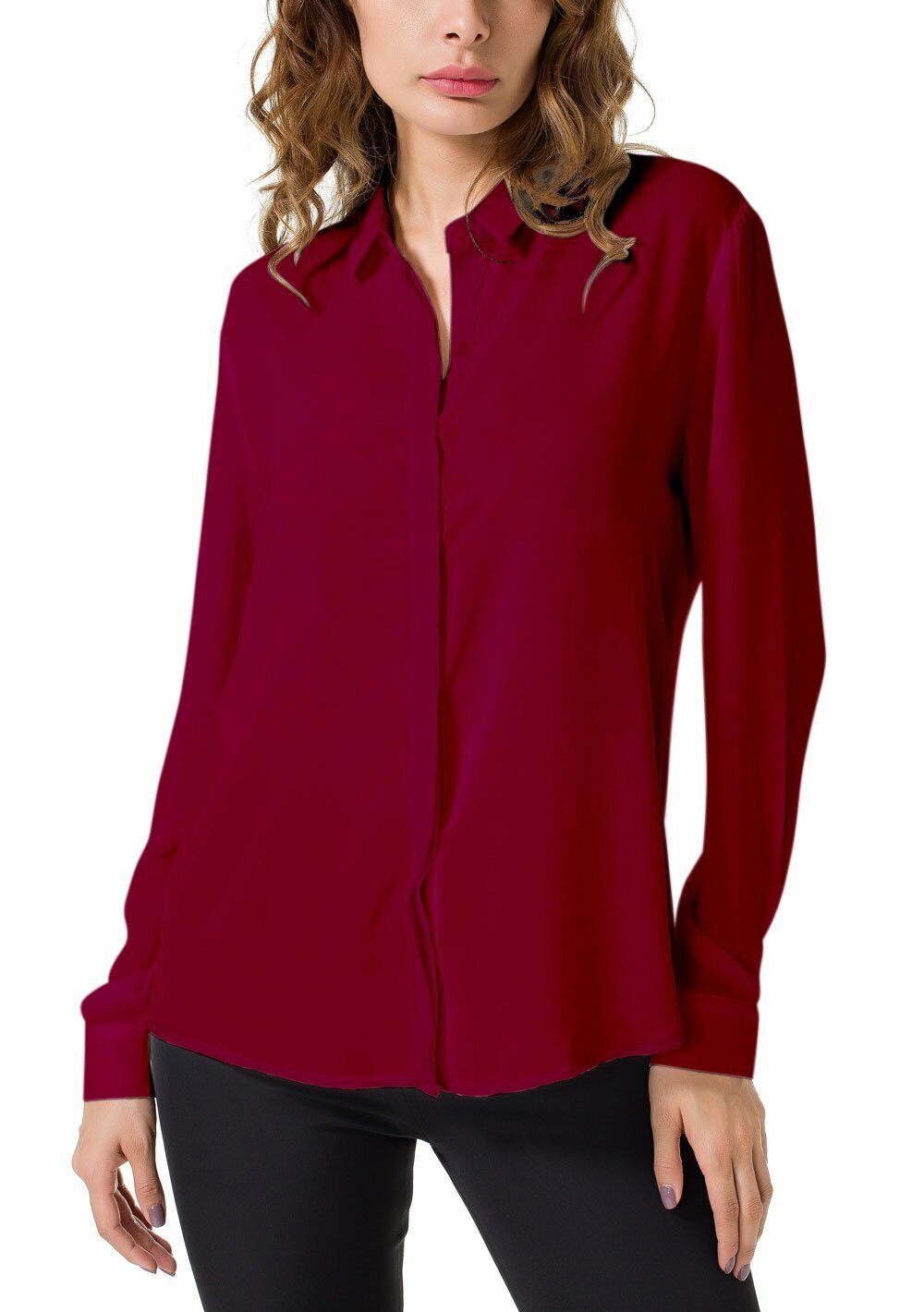Women's Chiffon Casual Button Up Shirt Long Sleeve Loose Cuffed Blouse