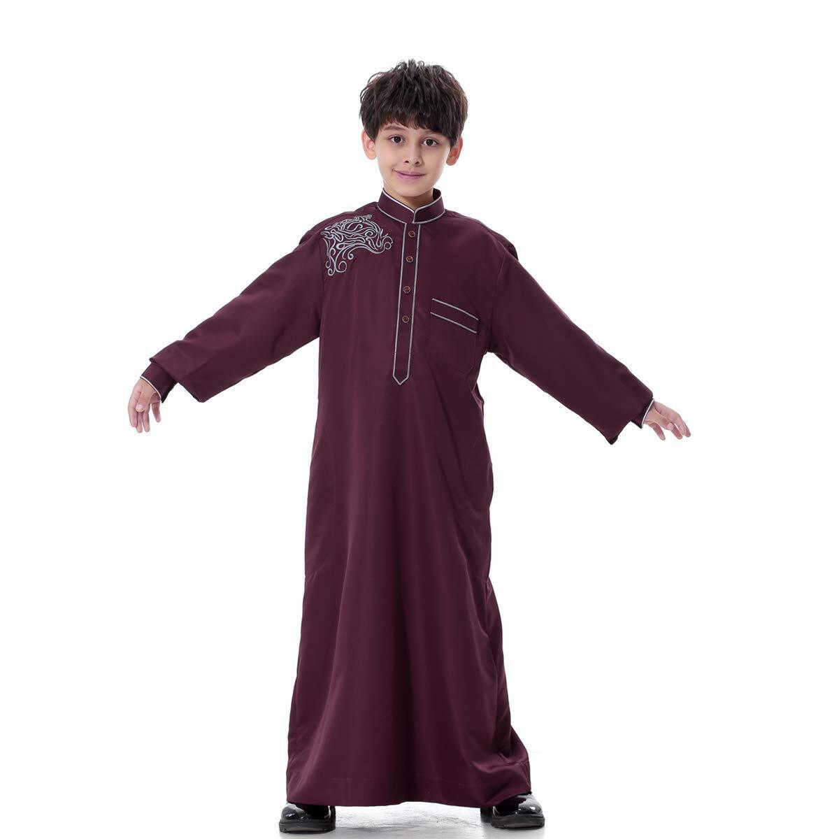 Arabic Thobe Muslim Thobe Kaftan Stand Collar Robe with Botton for Boy