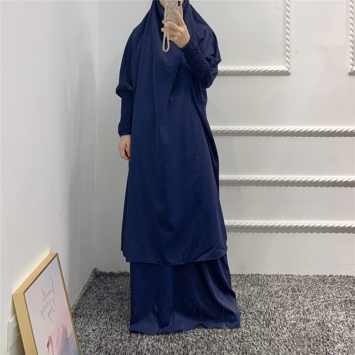 Women Muslim Long Sleeve Thobe Longuette Abaya Thobe with Hoodied Hijab
