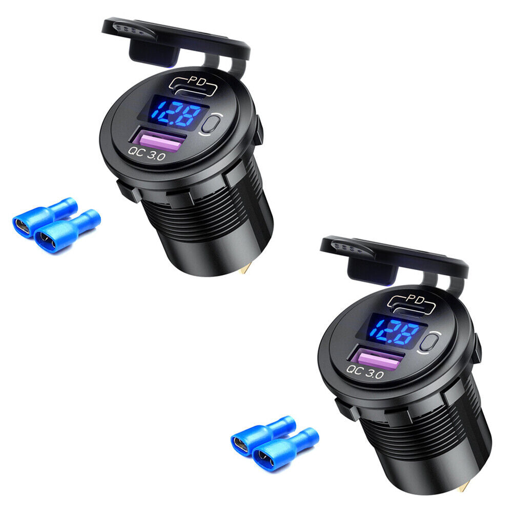 US 12V QC3.0 Dual USB Car Fast Charger Socket Outlet LED Voltmeter Waterproof