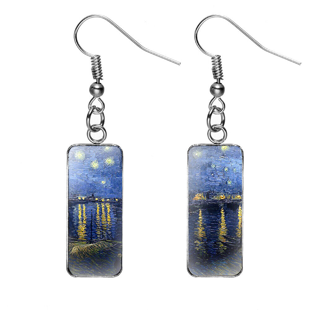 US Rectangle Starry Sky Sunflower Van Gogh Painting Glass Drop Dangle Earrings