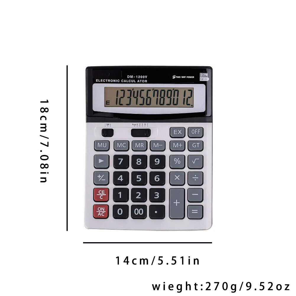 US 12-Digit Desktop Calculator Standard Function Dual Power Solar and AA