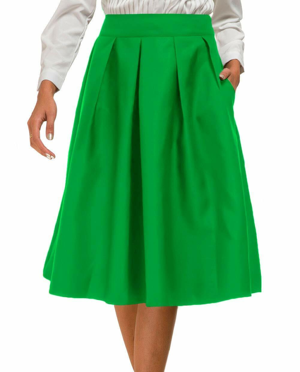Women High Waist A-line Skater Flared Midi Skirt with Pocket