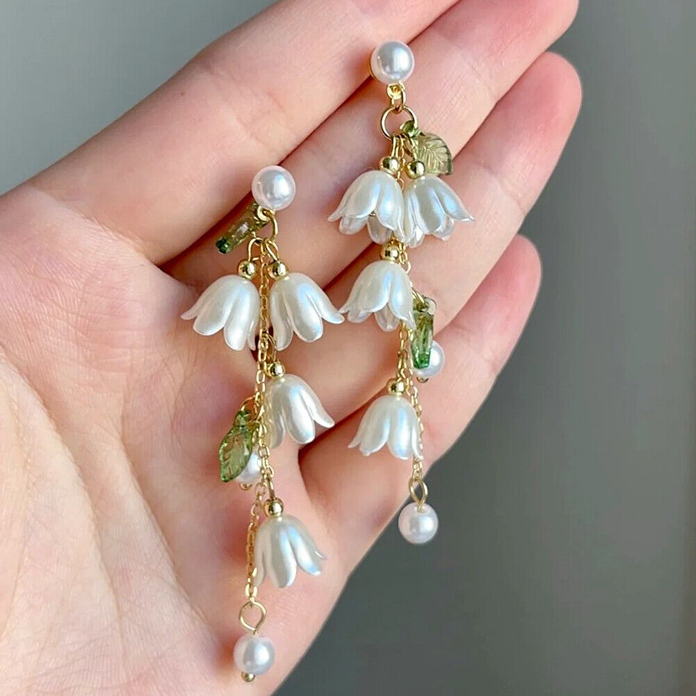 US White Fairy Flower Earrings Lily of the Valley w/ Pearl Long Tassel Earrings